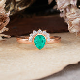 Unique Pear Cut Halo Emerald Engagement Ring Bezel Cluster Ring